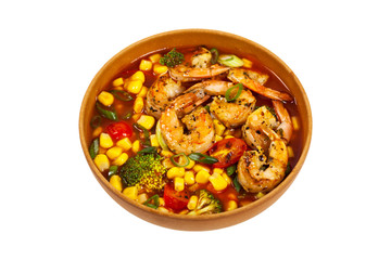 Shrimp Soup With Tomato, Broccoli and Corn Isolated on White background. Selective focus.