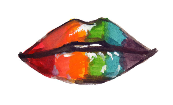 Woman's lips with bright rainbow lipstick painted in watercolor on clean white background