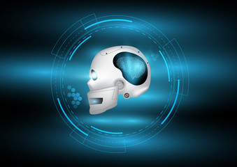 Abstract digital and technological background. Artificial Intelligence robot in the experimental laboratory which displayed by hologram style that can use to present the new business and innovation.