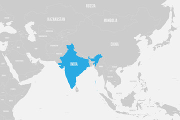 India blue marked in political map of Southern Asia. Vector illustration.