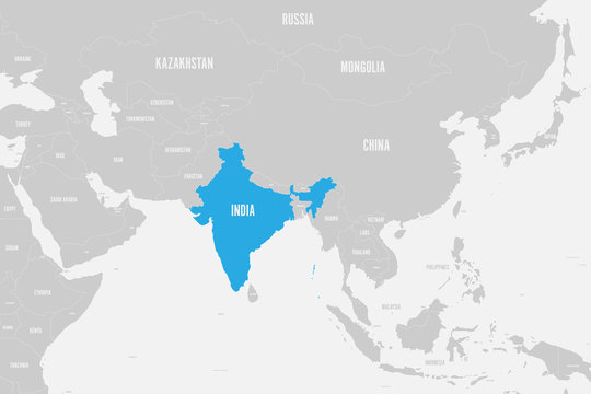 India Blue Marked In Political Map Of Southern Asia. Vector Illustration.