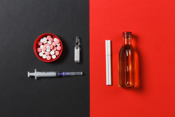 Medication colorful tablets pills abstract, empty syringe needle, bottle with alcohol cognac,...
