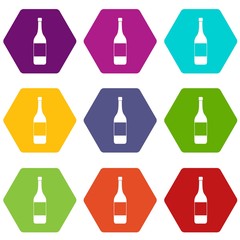 Wine bottle icon set color hexahedron