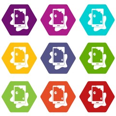 Wet phone icon set color hexahedron