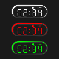 Colorful electronic clock in oval shape. Clock with light on a black background.