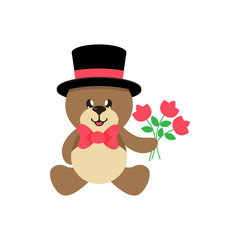 cartoon cute bear in hat sitting with tie and lovely flowers