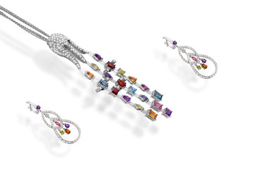 Platinum precious chain earrings with pendant octopus diamonds colorfull stone on white isolated background.