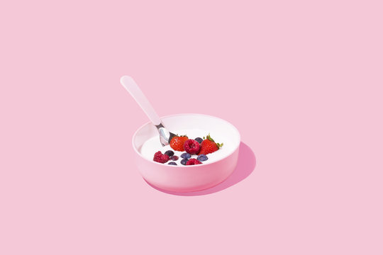 Healthy Morning Breakfast against Pink Background, Studio Shot