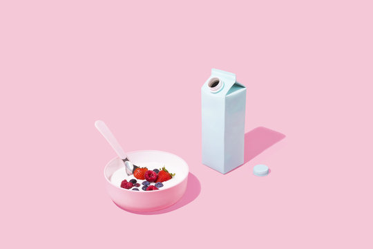 Healthy Morning Breakfast Cereal on Pink Background, Studio Shot 