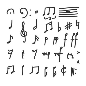 Set of Hand drawn Music Notes and Symbols icons. Doodles and sketches. Vector