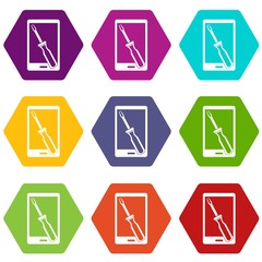 Renovation phone icon set color hexahedron