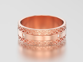 3D illustration rose gold decorative wedding bands carved out ring with ornament