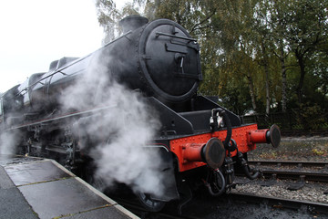 Fototapeta na wymiar Steam Hissing From a Powerful Railway Steam Engine.