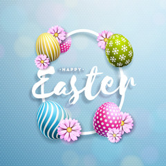 Vector Illustration of Happy Easter Holiday with Painted Egg and Flower on Clean Background. International Celebration Design with Typography for Greeting Card, Party Invitation or Promo Banner.