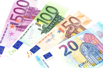 Euro cash banknotes. EURO money background. Set of eurpoean currency isolated on white