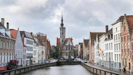 Fototapeta premium Poortersloge, aka Burghers Lodge, at Spiegelrei canal in Bruges, Belgium