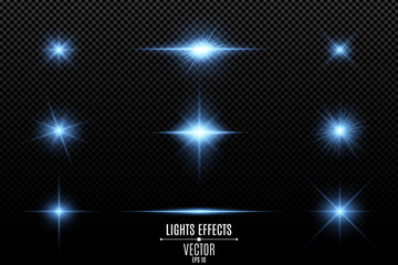 Set of light effects, lights and sparks. Blue lights on a transparent background. Bright blue flashes and glares. Bright rays of light. Vector illustration