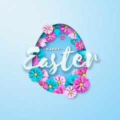 Vector Illustration of Happy Easter Holiday with Painted Egg and Flower on Clean Background. International Celebration Design with Typography for Greeting Card, Party Invitation or Promo Banner.