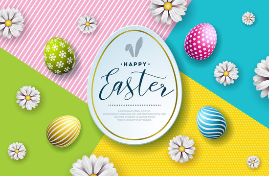 Vector Illustration of Happy Easter Holiday with Painted Egg and Flower on Abstract Background. International Celebration Design with Typography for Greeting Card, Party Invitation or Promo Banner.