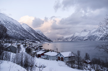 Village by Coast of Snow Covered Fjord