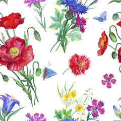 Fototapeta na wymiar Seamless pattern from bouquets of summer wildflowers and butterflies, watercolor illustration. Flower watercolor background for fabrics, postcards, etc.