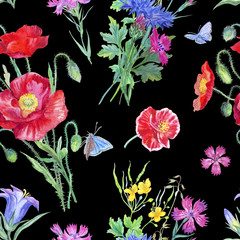 Seamless pattern from bouquets of summer wildflowers and butterflies, watercolor illustration. Flower watercolor background for fabrics, postcards, etc.