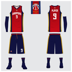 Fototapeta premium Basketball uniform or sport jersey, shorts, socks template for basketball club. Front and back view sport t-shirt design. Tank top t-shirt mock up with basketball logo design. Vector Illustration.