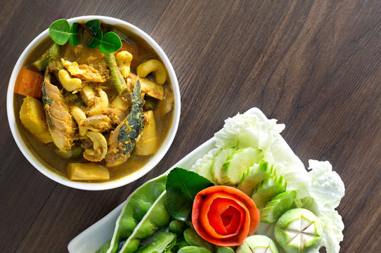Thai curry fish paunch sour soup (Kang Tai Pla) spicy delicious mix with herb popular Thai food