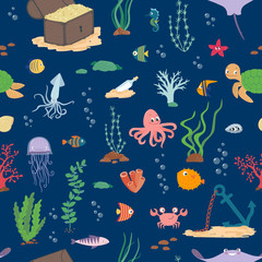 Underwater life. Cartoon seamless pattern