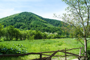 Fototapeta na wymiar Wooden fence and field of Cisnadie countryside in Romania