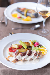 Vegetable meal for vegans, Vegetarians. Healthy food. Diet food gourmet in combination with glass of vine.