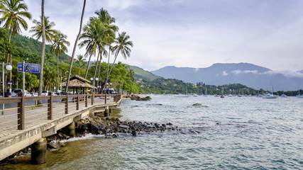   Promenade by the bay in the center of Ilha Bela in the state of Sao Paulo.