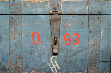 front and latch on antique tool chest