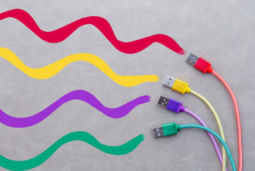 colorful usb cable with hand draw line on grey leather background creativity ideas concept