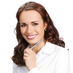 Young businesswoman with pen, isolated