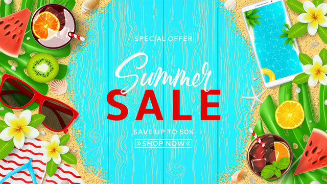 Summer sale promo web banner. Top view on Summer decoration with cocktails and fresh fruit on wooden texture. Vector illustration with special discount offer. Concept of seasonal vacation.