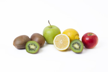 Lemon with apples and kiwi on white background. Kiwi with lemon on a white background. Fruits on a white background.