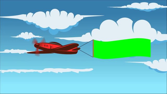 Animation of cartoon airplane towing an advertising green color banner.