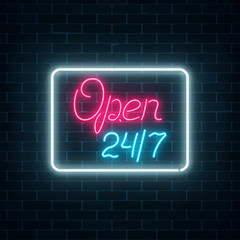 Neon open 24 hours 7 days sign in geometric shape on a brick wall background. Round the clock working store
