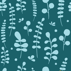 Seamless blue pattern of vector leaves. Spring is coming. For design, print, cards