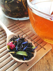 Tea in a spoonful of spices  and tea in a cup in