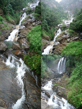 Waterfalls in the mountains in the rainforest collage of four photos