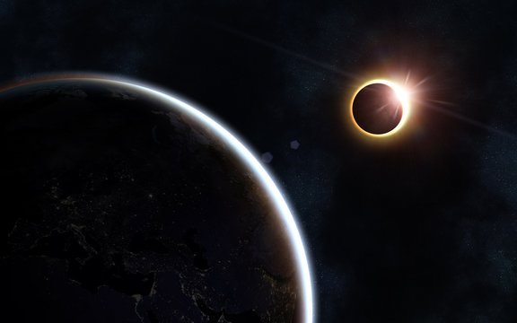 Solar eclipse. Earth and moon. Beautiful space landscape. Image in 5K resolution for desktop wallpaper. Elements of the image are furnished by NASA