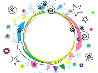 festive white background with colorful comic elements. Abstraction. Arrows, spirals, stars, flowers. Cheerful multi-colored design. Vector illustration.