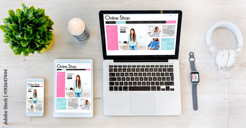 Canvas Prints top view devices with online shop on screen