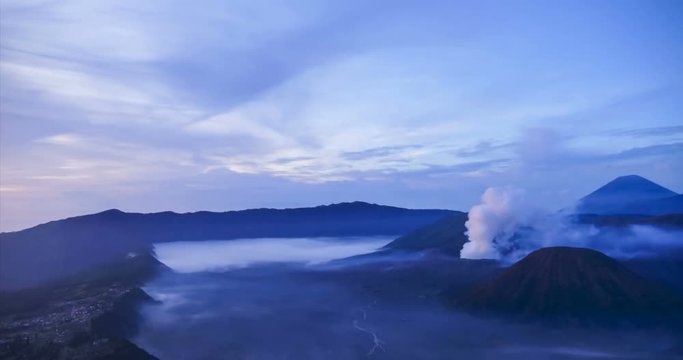 Time Lapse of Mount Bromo volcano during sunrise from viewpoint on Mount Penanjakan in Bromo Tengger Semeru National Park, Indonesia.