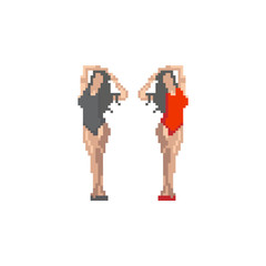 Pixel girl in a red swimsuit, vector silhouette.