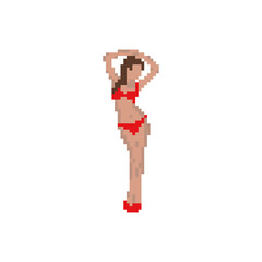 Pixel girl in a red swimsuit, vector silhouette.
