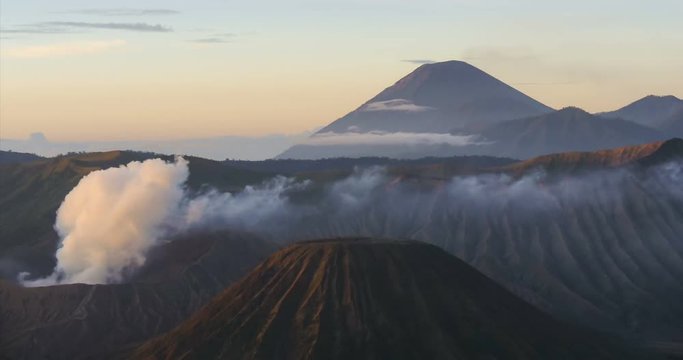 Time Lapse of Mount Bromo volcano during sunrise from viewpoint on Mount Penanjakan in Bromo Tengger Semeru National Park, Indonesia.