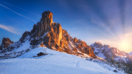 Fantastic winter landscape, Passo Giau with famous Ra Gusela, Nuvolau peaks in background,...